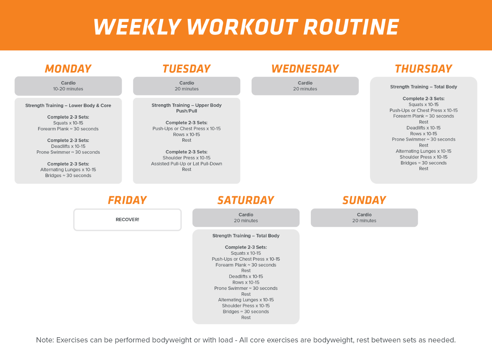 A weekly workout routine plan 