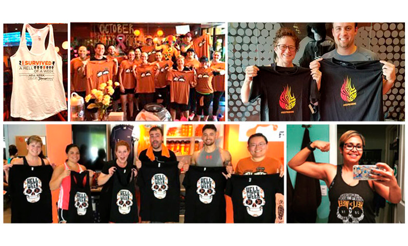 Several images of people in gyms showing "Hell Week" T-shirts 